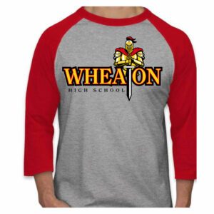 Raglan 3/4 sleeve shirt with red sleeves, heather gray body, and the Wheaton HS logo across the chest